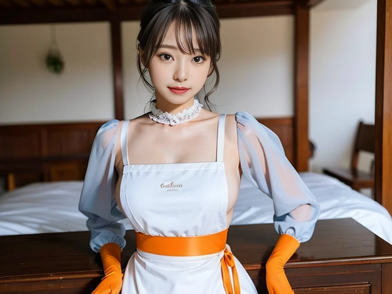 (best quality, masterpiece, 16k, ultra detailed, beautiful skin, professional lighting, shiny skin) , dynamic pose, huge breasts, pout,SyrFlover, maido, gray hair, green long sleeve dress, white apron, orange neck ribbon, ,glowify
