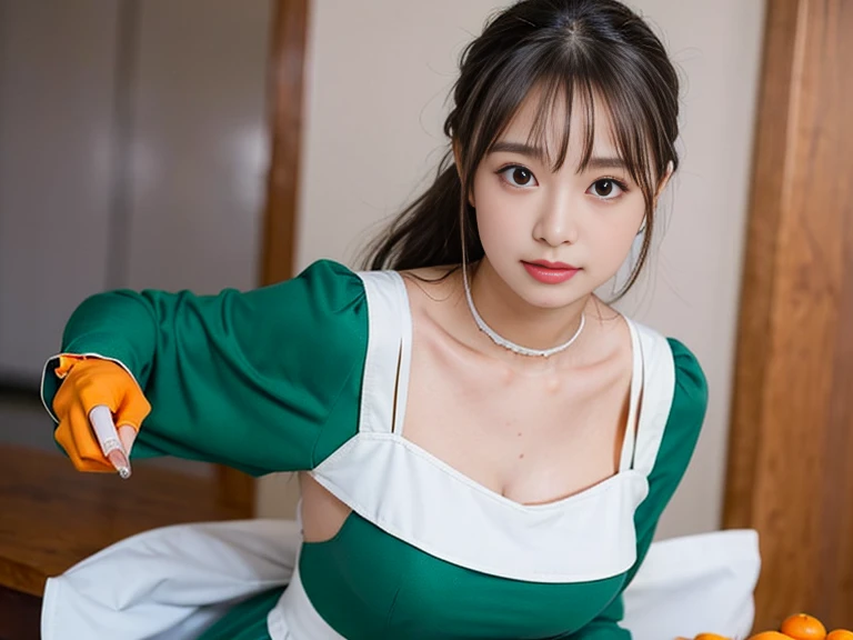 (best quality, masterpiece, 16k, ultra detailed, beautiful skin, professional lighting, shiny skin) , dynamic pose, huge breasts, pout,SyrFlover, maido, gray hair, green long sleeve dress, white apron, orange neck ribbon, ,glowify
