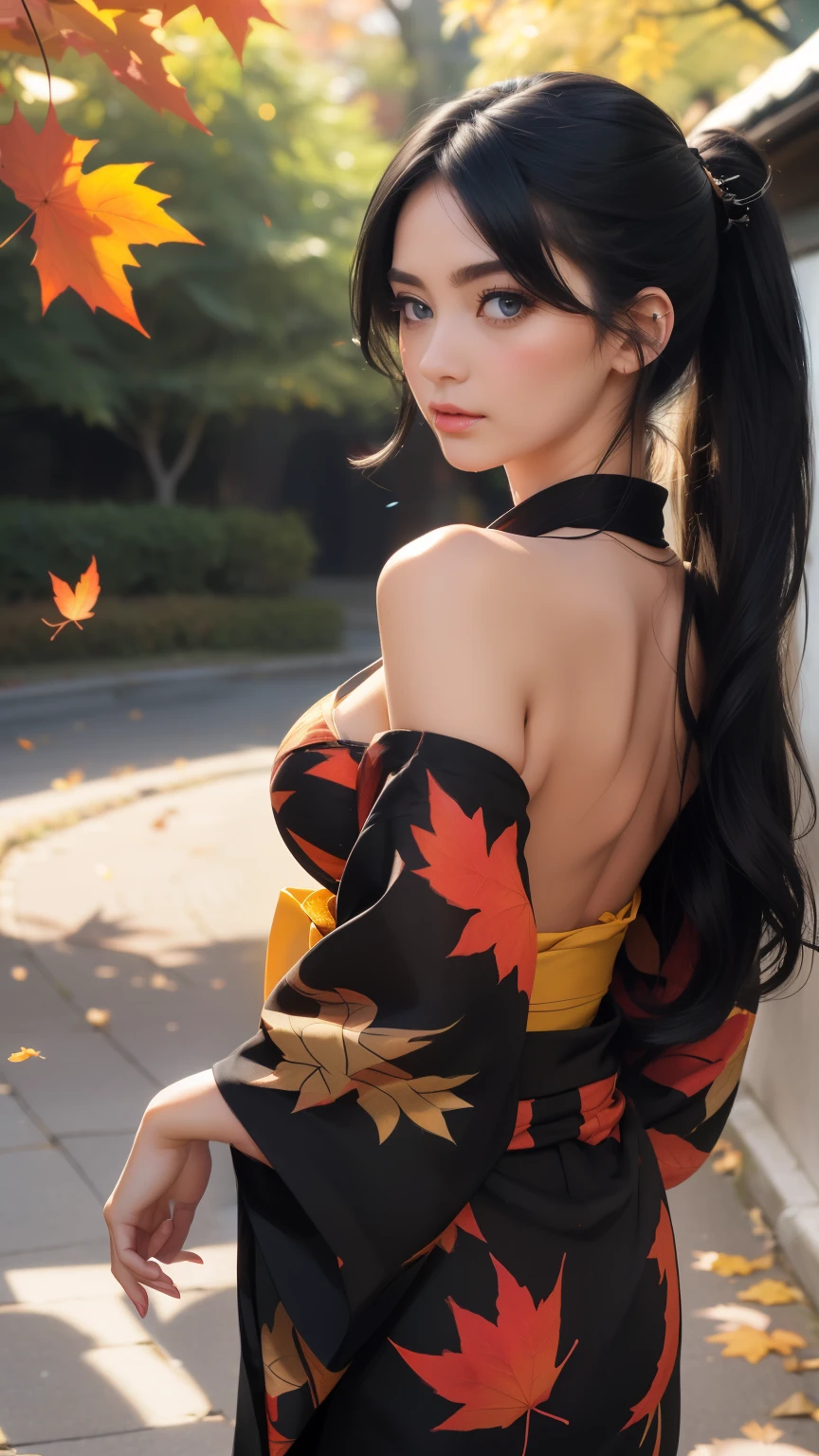 ((Autumn leaves lined street))((dusk)),((A woman walking surrounded by red maples)),(Rear view)、(look back)、(Lip Nail)、(Nail)、Gemstones Refract bright light、(Healthy Skin、Thin Skin、Attractive look、double eyelid、Jelly Lip、Glowing Lips 、Small Mouth、Small upturned lips、((Perfect skin texture))、Fine skin texture、(pearl、Emerald、Wearing Amber)、(Dynamic hair、High Hair) ponytailヘアスタイル、Beaded Hairpin、Layered Hair、Wet Hair、Loose Hair、Wet Movie Lighting、((Masterpiece)),((Best Quality)),((Intricate and detailed)),((Ultra-realistic)), 4K,1 Beauty、、ponytail、((Off-the-shoulder ultra-thin yukata))、(Cleavage coordination),Fluorescent color、1 Girl、Look to the side、Beautiful Face、Beautiful Eyes、（From the shoulders down：1。 2）、Shiny Hair、Glowing Skin、Reduce glare、Finger Proportion Adjustment、Escrow、Ass POV、Dynamic Angle、（（Master Parts））、（（Best Quality））、（（（Super detailed）、（Illustration）、（Detailed light）、（Very delicate and beautiful）、（Dramatic Shadows）、（Ray tracing）、（reflection）、（Ultra HD）、（（Super detailed））。 Ultra-high resolution、((Colorful black hair mesh girl))、Her hair flutters in the wind、(Big deep blue eyes)、Black-haired woman、Sparkling Butterfly、Black-haired woman。 Black-haired woman、Dots of light around the woman、Magical Aura、Green dot、The nature of the aura、Magical AuraBlack-haired woman、((The hem of the yukata is fluttering in the wind))、(Long legs)、(High heels)、Raise your arms、Underarm、Sleeveless,(手を上げてRaise your arms)、((Autumn leaves are falling)),(White floral panties are visible),(She&#39;s wet),