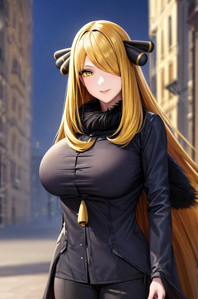 (Masterpiece, Ultra-high resolution, 8k, High Quality, Top quality, High-Detailed, Detailed CG, Cinematic Shadow:0.5, Beautiful Detailed Eyes, Ultra Resolution, Depth of Field, High Resolution, Masterpiece: 1.2), (Anime Art style), (cowboy shot), (city:1.4), 1girl, solo, pokemoncynthia, blonde hair, hair ornament, hair over one eye, long hair, (yellow eyes:1.5), black coat, black pants, black shirt, coat, fur collar, fur trim, fur-trimmed sleeves, pants, shirt, beautiful breasts, smile, walking,