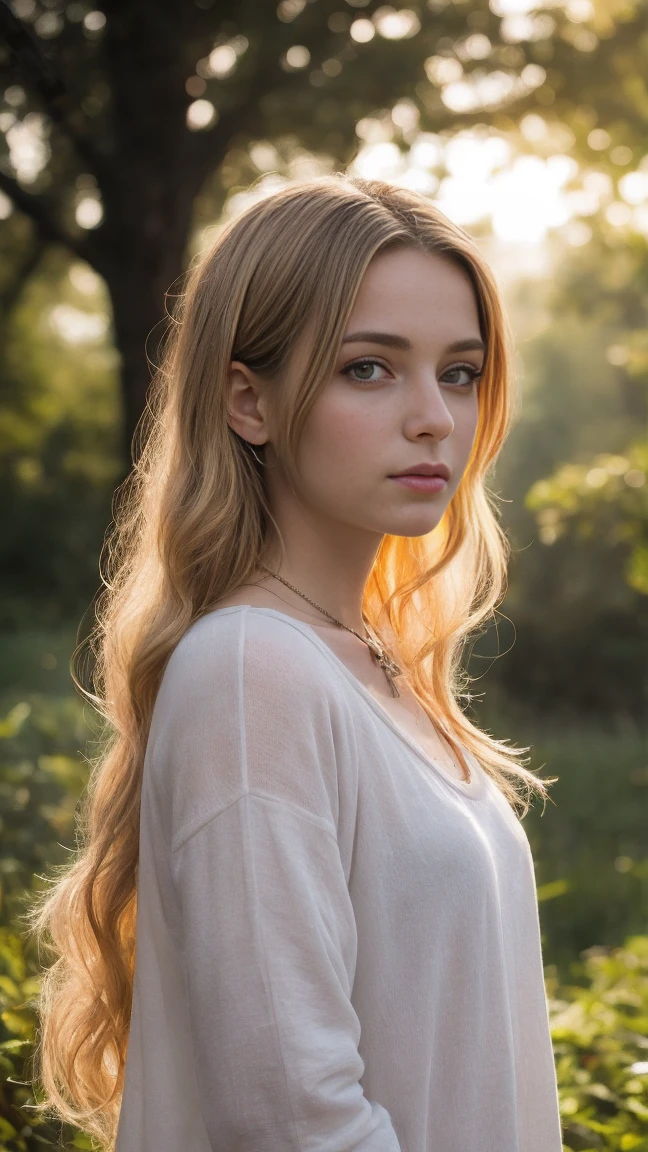  A high-quality professional photo , resolution 8k,  Hyperrealistic and very detailed .  A beautiful blonde girl , about eight to nine years old ,  with long wavy hair standing in the woods .  She is wearing a blond outfit with bare shoulders and long sleeves, as well as two crosses .  She has a calm and innocent expression , and a beautiful piece of jewelry hangs around the neck.  A halo glows around her head , , giving the image an angelic and ephemeral look .  Background — this is a lush green forest with scattered flowers ,  that creates an atmosphere of tranquility and harmony with nature .  Perfect lighting for the soft glow around her ,  emphasizing her features and clothing details 