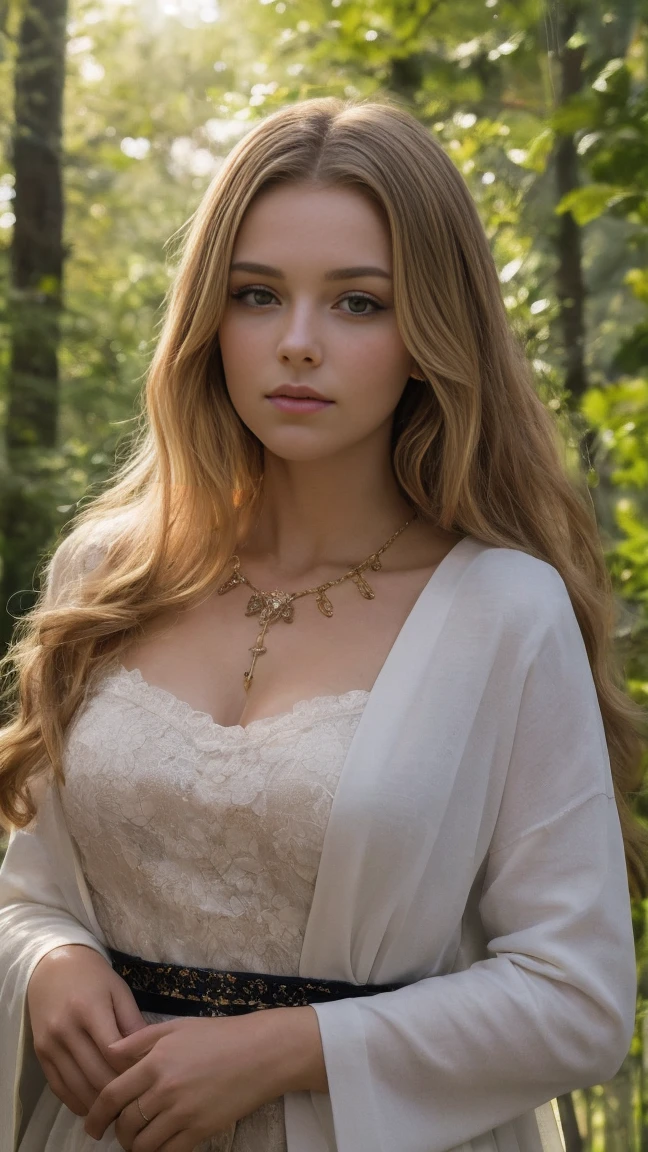  A high-quality professional photo , resolution 8k,  Hyperrealistic and very detailed .  A beautiful blonde girl , about eight to nine years old ,  with long wavy hair standing in the woods .  She is wearing a blond outfit with bare shoulders and long sleeves, as well as two crosses .  She has a calm and innocent expression , and a beautiful piece of jewelry hangs around the neck.  A halo glows around her head , , giving the image an angelic and ephemeral look .  Background — this is a lush green forest with scattered flowers ,  that creates an atmosphere of tranquility and harmony with nature .  Perfect lighting for the soft glow around her ,  emphasizing her features and clothing details 