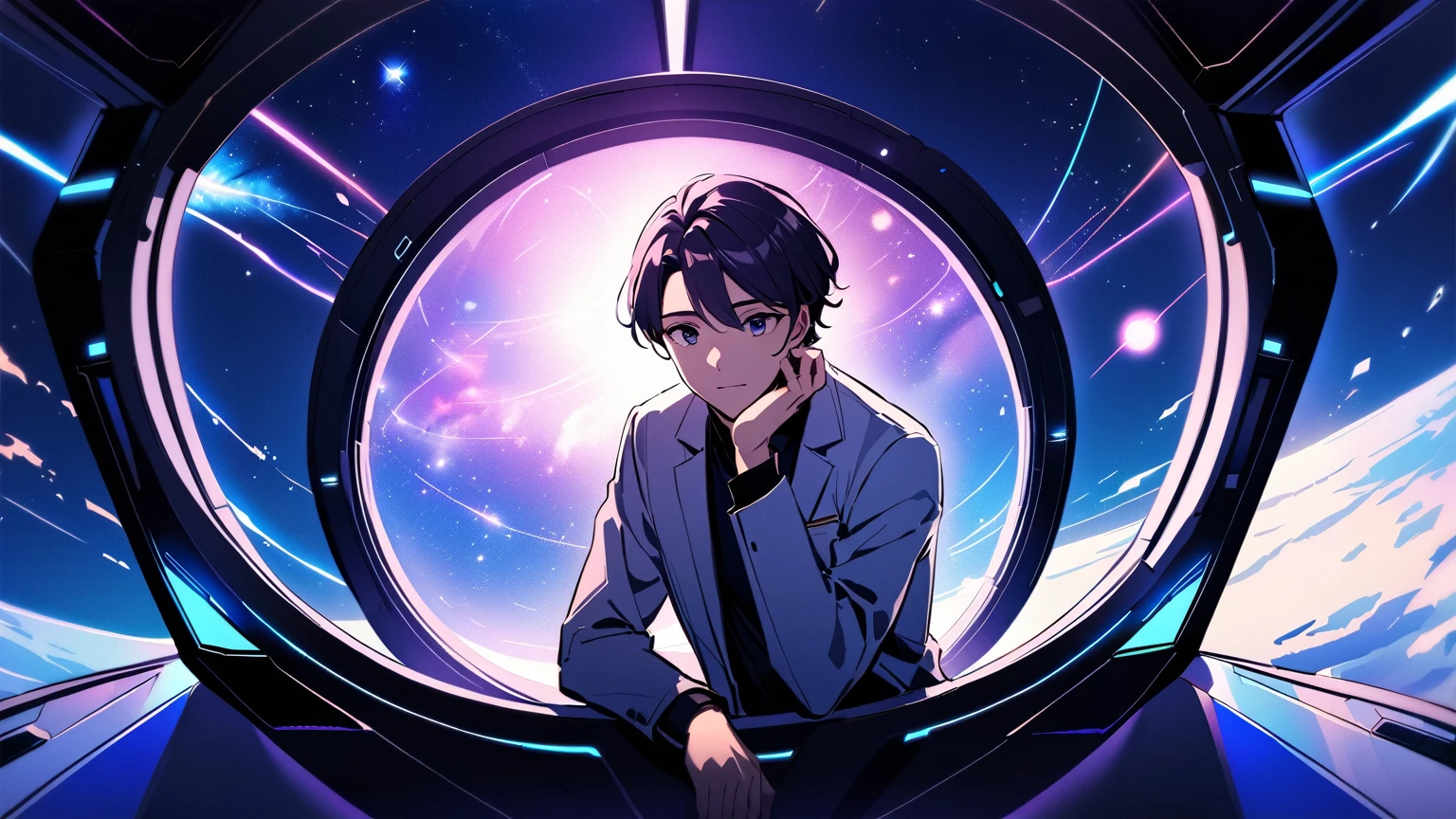 Create an anime-style scene featuring a handsome male scientist with short, neatly styled hair and wearing stylish, thin-rimmed eyeglasses. He has a thoughtful, intelligent expression, and a calm, focused gaze as he looks out of a large spaceship window, mesmerized by the vast view of galaxies and star clusters outside. He’s dressed in a sleek, futuristic lab coat with subtle high-tech details, such as metallic accents or glowing lines, giving him a modern scientist look. His hands are gently resting on the window frame as he leans forward slightly, captivated by the breathtaking cosmic view. The scene outside the window reveals vibrant galaxies in hues of purple, blue, and pink, with stars and nebulae scattered across the dark expanse. Inside the spaceship, soft ambient lighting highlights his face and adds a serene, almost ethereal atmosphere to the scene. The style should reflect a blend of sci-fi and elegance, capturing the wonder and beauty of space exploration. 