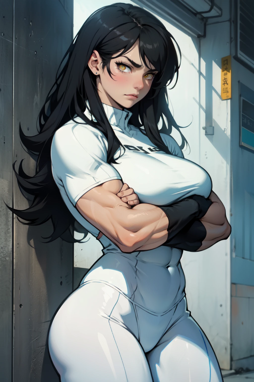 muscular girl thin waist toned body huge breasts thick thighs pale skin girl black hair yellow eyes sad chiaroscuro muscular muscular