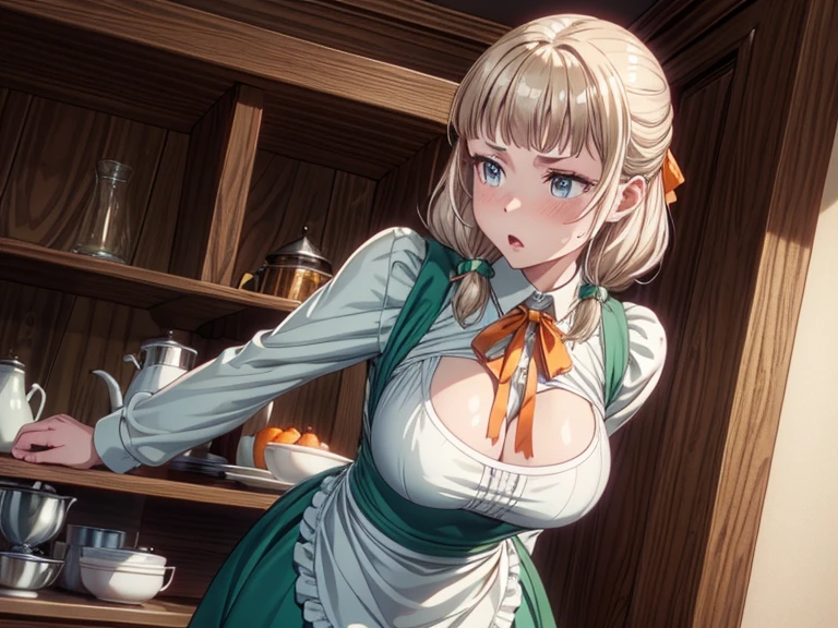 (best quality, masterpiece, 16k, ultra detailed, beautiful skin, professional lighting, shiny skin) , dynamic pose, huge breasts, pout,SyrFlover, maido, gray hair, green long sleeve dress, white apron, orange neck ribbon, ,glowify
