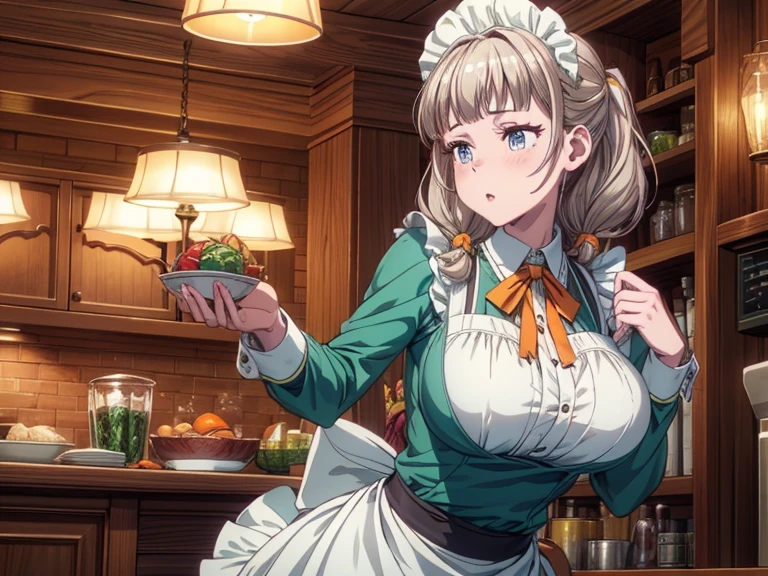 (best quality, masterpiece, 16k, ultra detailed, beautiful skin, professional lighting, shiny skin) , dynamic pose, huge breasts, pout,SyrFlover, maido, gray hair, green long sleeve dress, white apron, orange neck ribbon, ,glowify
