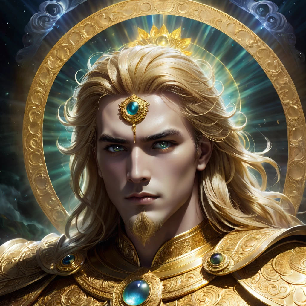  the god apolo with a figure with a dark aura and full of power . His golden hair appears dark ,  his eyes emit a piercing sharp light ,  and his face is cold without a smile .  He carries a haunted looking lira ,  emits dim rays that creates creepy shadows around it.  above his picture there is an inscription "APOLLO" effective mystic 