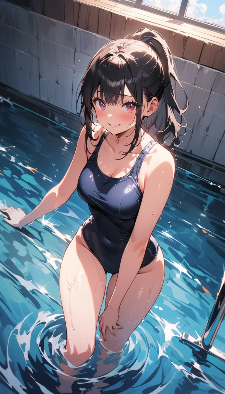 (masterpiece, best quality:1.2), 1 girl, alone , sexy , (school swimsuit), cowboy shot, black hair ,hair bun, (Sweat),  (pool_background) , outdoor , kneeling , (arms behind heads)