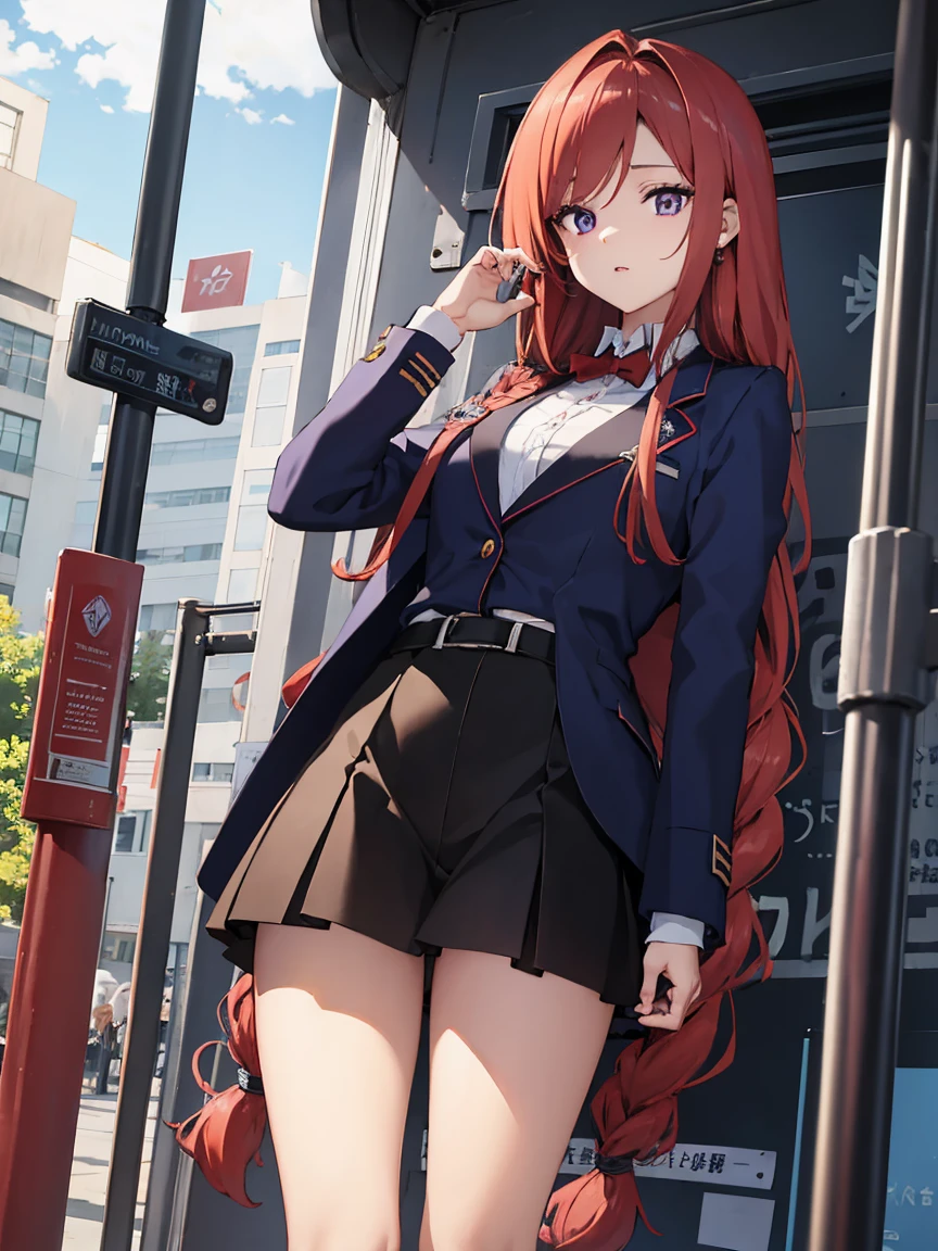 1anime girl, red hair, very long braid hair, purple eyes. Wearing a dark blue jacket, school uniform, white shirt, black skirt. The background  the bus stop, beautiful