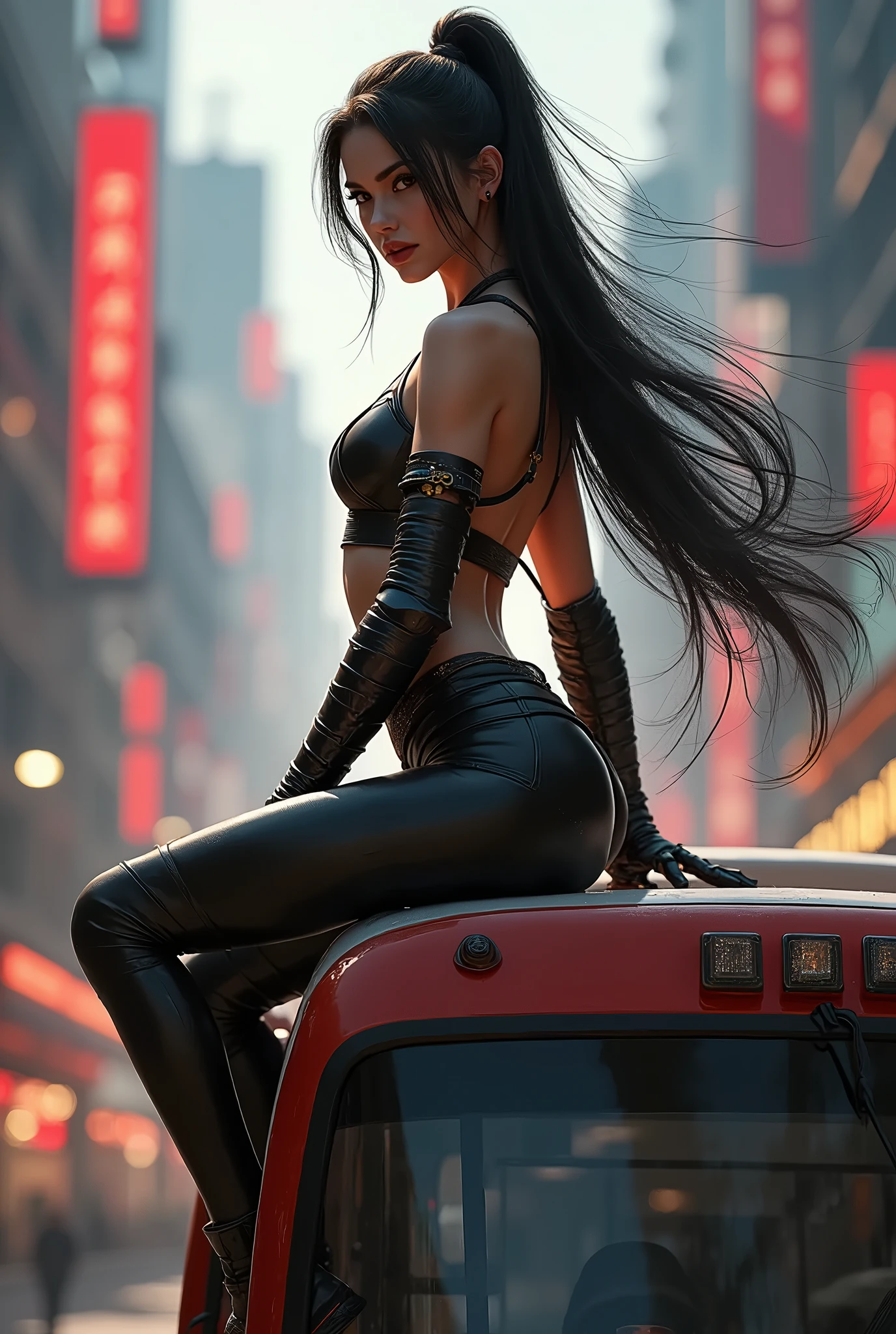 A beautiful sexy woman samurai, sitting on the top of a bus, wearing minimal armor, with a pretty face, detailed facial features, long hair, slender figure, dynamic pose, cinematic lighting, dramatic shadows, colorful cityscape background, vibrant colors, 8k, photo-realistic, digital art, concept art