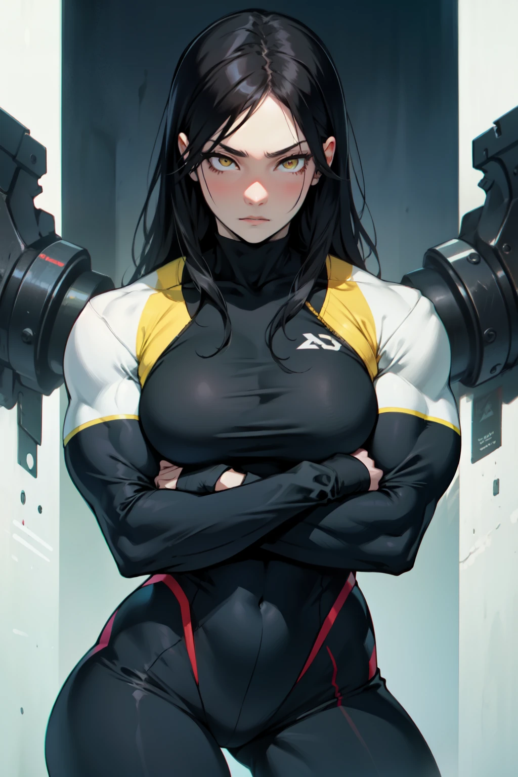 pale girl muscular girl breasts black hair yellow eyes serious