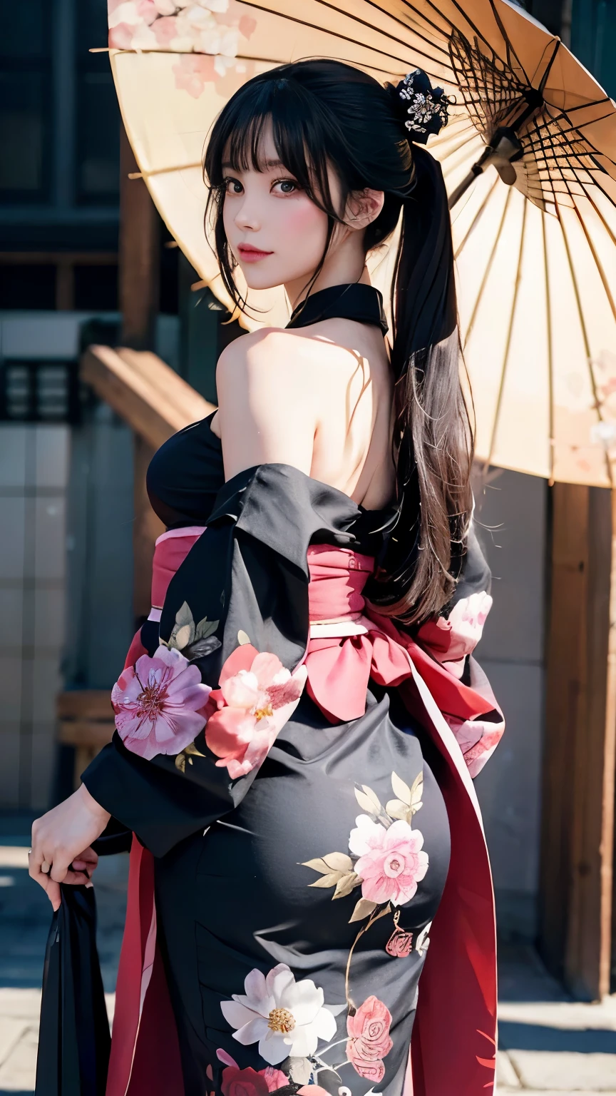 An illustration depicting a female anime character with long, flowing black hair that cascades down her back. She is garbed in an elaborate outfit which combines elements of a kimono and modern attire, dominated by the colors black and pink. Intricate floral patterns weave across the kimono part of her attire, presenting a display of intricate craftsmanship. In herm grip, she holds a unique weapon: a large umbrella that doubles as a sword, showing signs of heavy usage. Her face is adorned with striking features, including sharp eyes filled with determination. All these details stand out vividly against a plain background that does not distract from the central character.