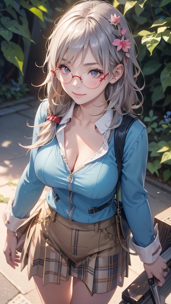 Silver-haired schoolgirl, ((Yuki Izumi)),   happy expression , On the way home from school, Red glasses, Detailed portrait,  beautiful detailed eyes,  Beautifully illustrated lips down to the smallest detail ,  Extremely Elaborate Eyes and Faces ,  Long eyelashes,  Tight Uniforms , smile, walk,  photorealistic, 8k,  high quality, masterpiece,  bright color, Natural Light,  cinematic composition ((Big Breasts:1.1))