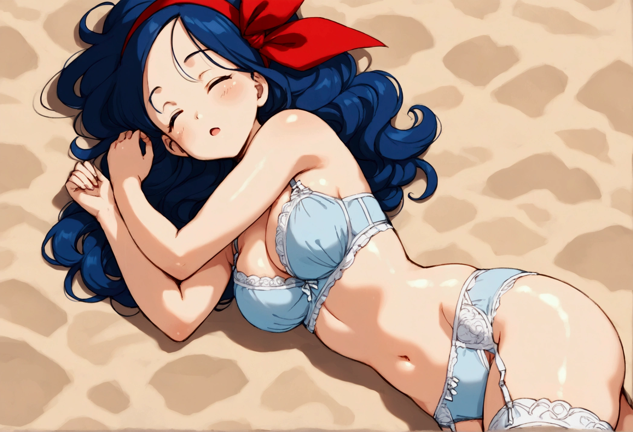 score_9, score_8_up, score_7_up,score_6, score_5, score_4,BREAK ,from above, looking at viewer, (breast focus:1.5), 1girl, launch good, blue eyes, blue hair, long hair, curly hair, sleep, lying, closed eyes, opened mouth, nsfw, bra, panties, garter belt, stockings, bare hands , bare foot, oily shiny skin reflect light, softy large breast, large butt, outside, Crystal-clear water sand of the Sea floor ,anime style, studio anime,highly detailed,masterpiece, best quality, best aestethic, absurdres,cinematic lighting,(cell anime)