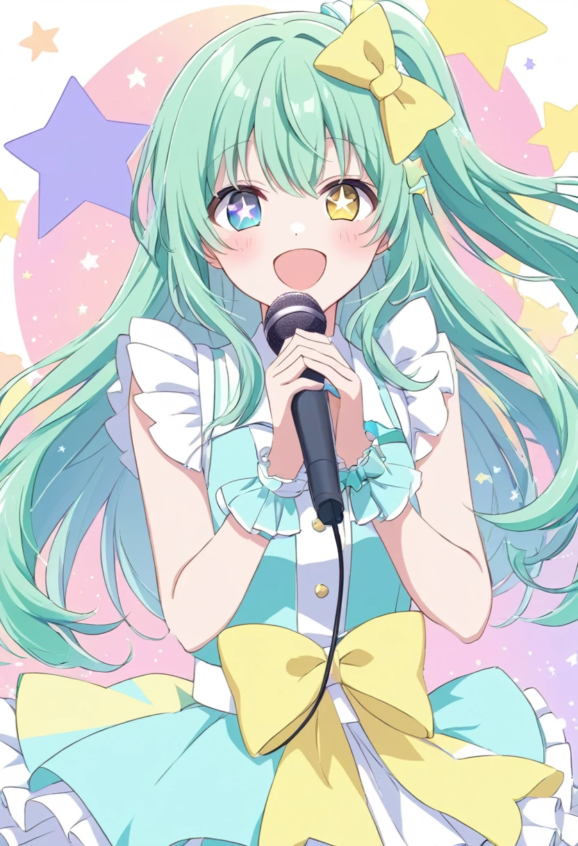 ((star-shaped_pupils symbol-shaped_pupils ai hoshino))、Winking woman,Hold the microphone, idol doing the concert,  pastel color ,Green Hair,Heterochromia iridis, blue eyes( yellow eyes), cute pose,Shine瞳.Shineアイハイライト,that&#39;Shine,headphones light background, Geometric patterns , Official illustration style,A masterpiece seen from the front,Best Quality,Exquisite,8k, absurd, super detailed illustrations on white paper ,( Viewers )