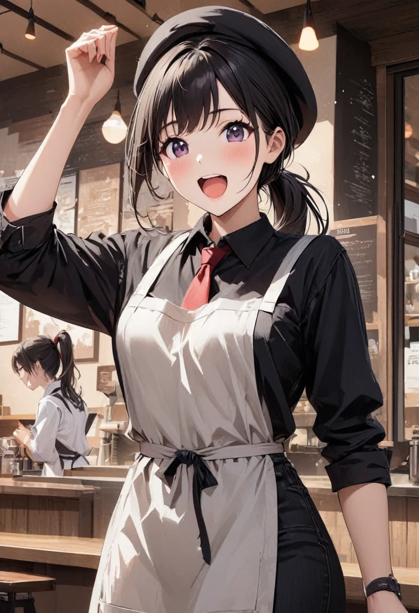 Beautiful girl 、Age 30、Best Quality、Ultra-precision、Detailed drawing、Cafe staff、shirt、tie、apron、Beret、Sharpness、 ponytail、Vivid colors、upright posture、front、 looking at the camera、A very ecstatic expression、Slender figure、Accurate depiction、 CG illustration、
