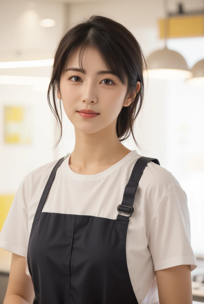 A photorealistic image of a young woman with medium-length, slightly tousled dark hair, tied loosely in a side ponytail. She wears a simple white t-shirt with a dark apron, and her expression is warm and cheerful, with a gentle smile. The image retains a slight illustration-like quality, with soft lighting and smooth, clean shading that gives it a light, dreamy atmosphere. Her posture is relaxed, holding onto the strap of her apron, and the background is minimal and bright, emphasizing her kind, approachable demeanor.