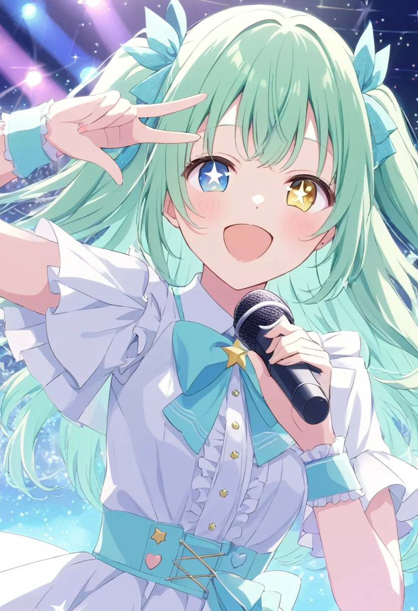 ((star-shaped_pupils symbol-shaped_pupils ai hoshino))、Winking woman,Hold the microphone, idol doing the concert,  pastel color ,Green Hair,Heterochromia iridis, blue eyes( yellow eyes), cute pose,Shine瞳.Shineアイハイライト,that&#39;Shine,headphones light background, Geometric patterns , Official illustration style,A masterpiece seen from the front,Best Quality,Exquisite,8k, absurd, super detailed illustrations on white paper ,( Viewers )