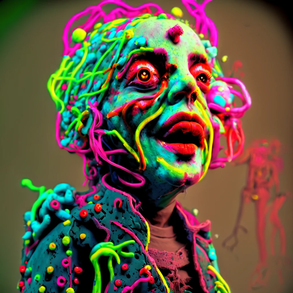 Loab,,, this sculpture of a woman, stop motion character, stop - motion, weird art piece, dough sculpture, abstract claymation, stop motion, weird, claymation character, crazy, realistic cloth puppet, 3 heads, puppets, brighten up the color. Super saturated color even! stunning, amazing art,awe inspiring art, insanity inducing,strange, freaky,wierd,crazy,bizarre.     Loab...     Make this image even more weird,bizarre,and crazy looking! More bright vibrant colors ,neon green neon pink, neon yellow, brighter red,black. Use this image to create a whole portfolio of images that the world would find unnerving, unsettling, and fascinating! The more shocking, gore filled and explicit, the better! 