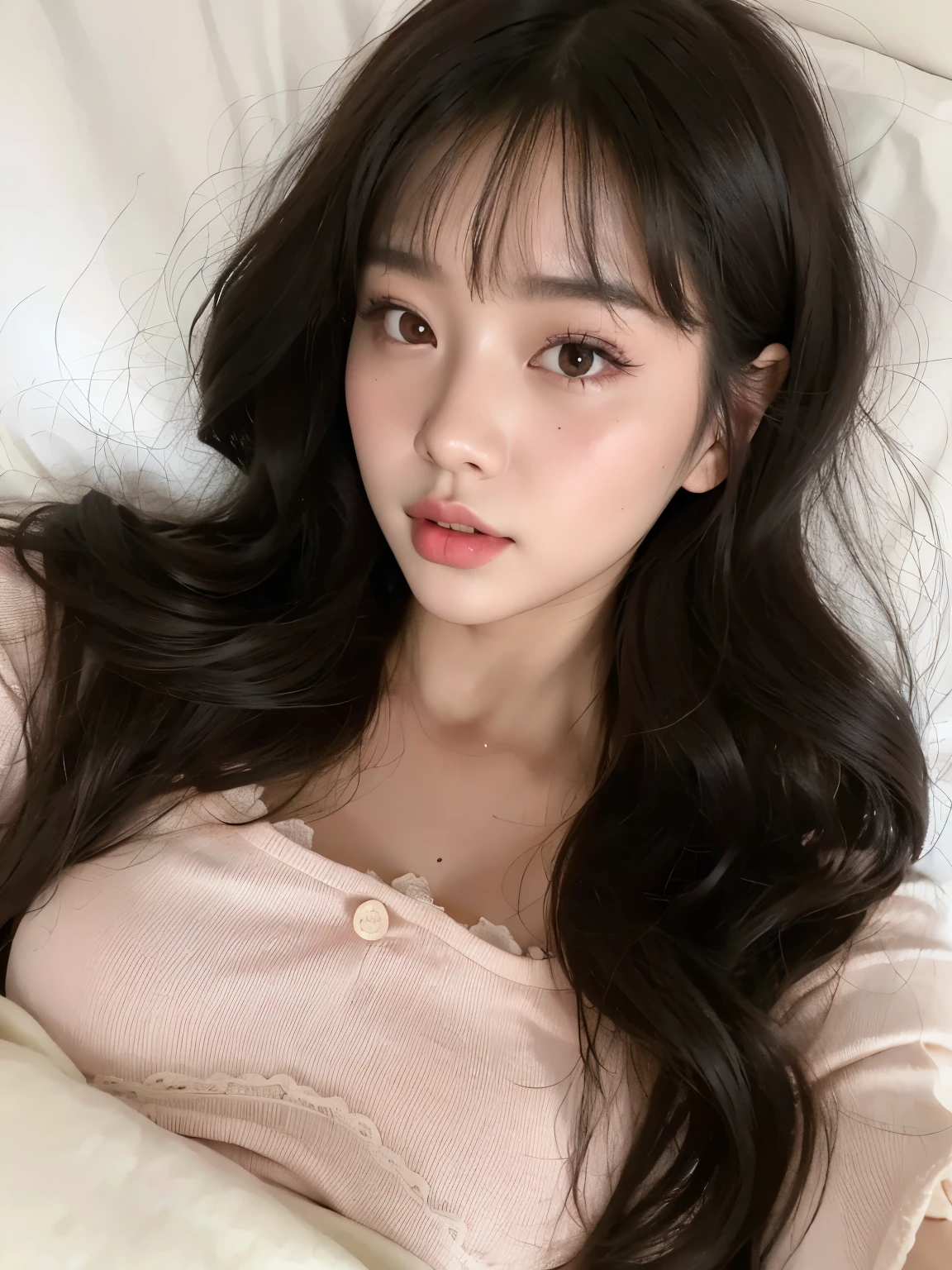 Araffe Asian woman lying in bed wearing a pink shirt, ulzzang, beautiful young korean girl, korean girl, beautiful young korean girl, Young and adorable Korean face, Beautiful South Korean woman, Popular Makeup from South Korea, popular Korean makeup, young cute wan asian face, Adorable Korean face, pretty-fine-faced girl, Beautiful face of Japanese girls