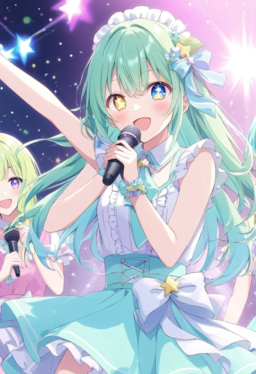 ((star-shaped_pupils symbol-shaped_pupils ai hoshino))、Winking woman,Hold the microphone, idol doing the concert,  pastel color ,Green Hair,Heterochromia iridis, yellow eyes( blue eyes), cute pose,Shine瞳.Shineアイハイライト,that&#39;Shine,headphones light background, Geometric patterns , Official illustration style,A masterpiece seen from the front,Best Quality,Exquisite,8k, absurd, super detailed illustrations on white paper ,( Viewers )