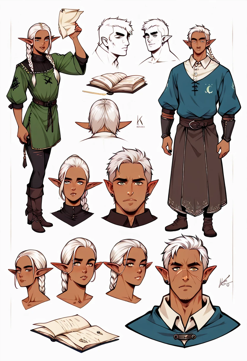 A highly detailed, best quality, RPG style, conceptual art, realistic, semi-realistic, character sheet, handsome Drow Man, dark Elf, Black medieval tunic, black leggings, long white hair, loose braid, paper roll, parchment, color grind, scars, piercings, lean and tall, score_9, score_8_up, score_7_up