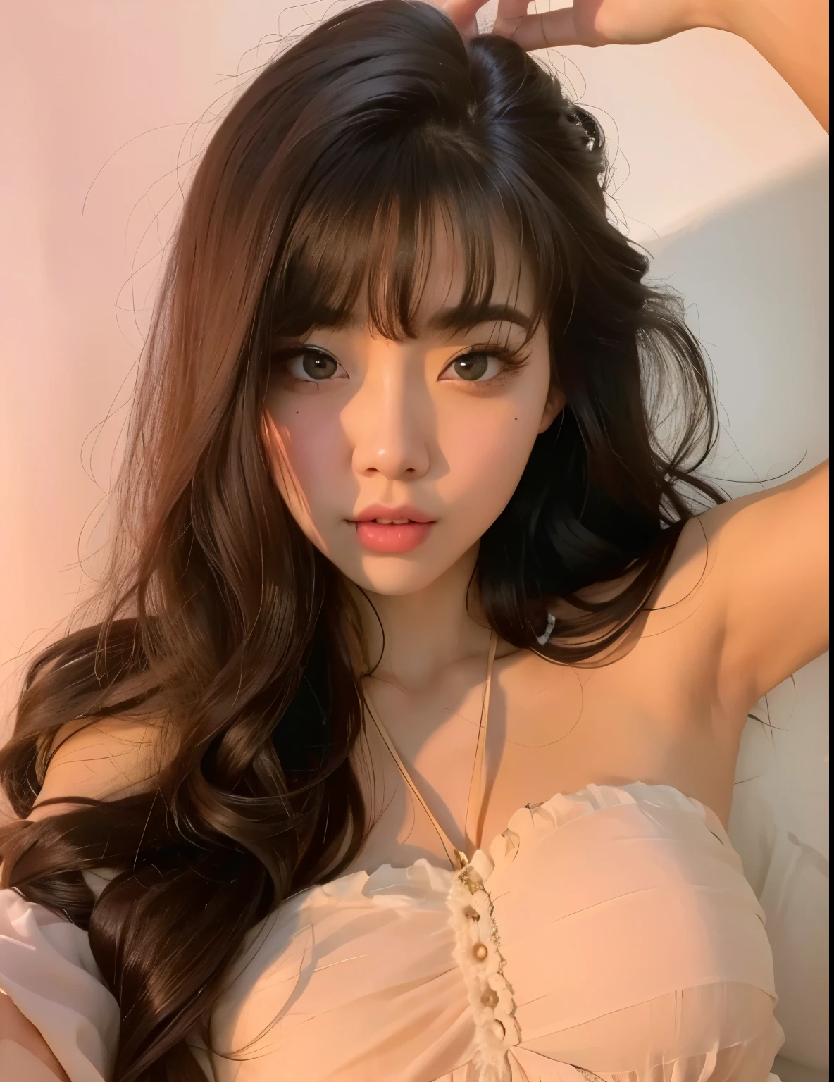 a close up of a woman with long hair wearing a pink dress, ulzzang, 🤤 portrait of the girl, Korean girl, Jinyoung Canela, Sakimichan, long hair with bangs completa, with bangs, long hair with bangs, with bangs completa, curtain strip, Lalisa Manobal, she has black hair with bangs, beautiful young Korean woman, Hime's court