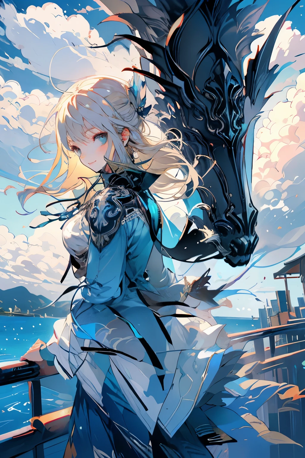 ((highest quality)), ((masterpiece)), (Get used to it), Perfect Face , beautiful girl standing on a boat,blonde hair,blue eyes,looking at viewer,smile,large whale jumping out of the ocean at the back