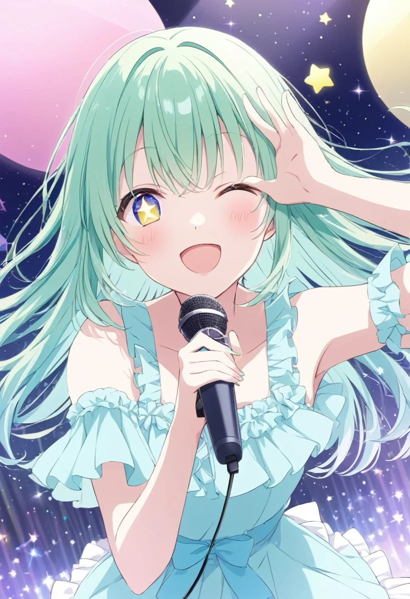 ((star-shaped_pupils symbol-shaped_pupils ai hoshino))、Winking woman,Hold the microphone, idol doing the concert,  pastel color ,Green Hair,Heterochromia iridis, yellow eyes( blue eyes), cute pose,Shine瞳.Shineアイハイライト,that&#39;Shine,headphones light background, Geometric patterns , Official illustration style,A masterpiece seen from the front,Best Quality,Exquisite,8k, absurd, super detailed illustrations on white paper ,( Viewers )