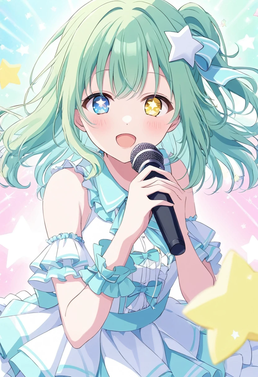 ((star-shaped_pupils symbol-shaped_pupils ai hoshino))、One Idol,Hold the microphone, idol doing the concert,  pastel color ,Green Hair,Heterochromia iridis, yellow eyes( blue eyes), cute pose,Shine瞳.Shineアイハイライト,that&#39;Shine,headphones light background, Geometric patterns , Official illustration style,A masterpiece seen from the front,Best Quality,Exquisite,8k, absurd, super detailed illustrations on white paper ,( Viewers )