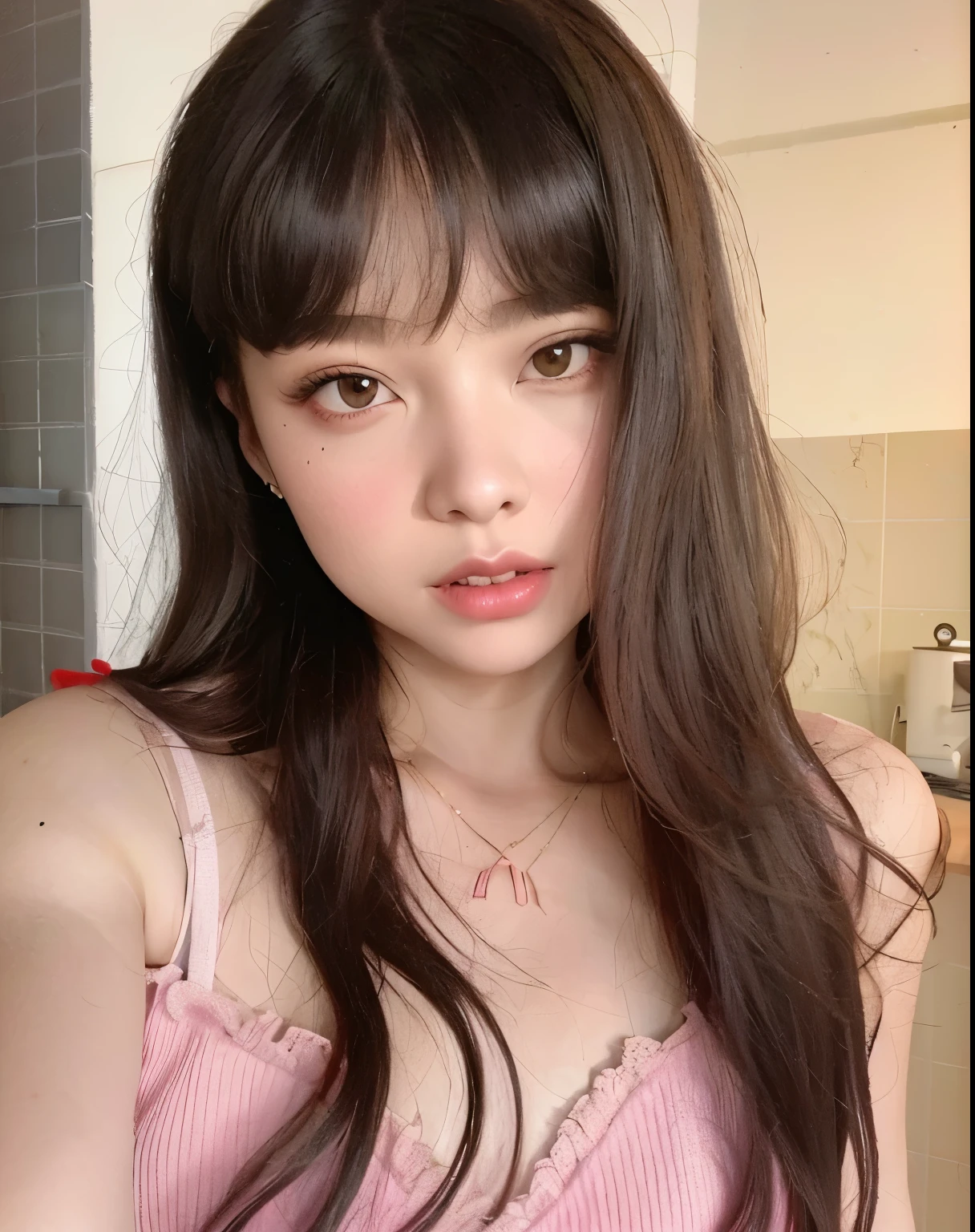 woman with long hair and a pink dress posing for a photo, ulzzang, cabelo arrumado with bangs, with bangs, Lalisa Manobal, wan adorable korean face, young adorable korean face, Korean girl, Jaeyeon Nam, with bangs completa, popular south korean makeup, popular Korean makeup, Ela tem cabelo preto with bangs