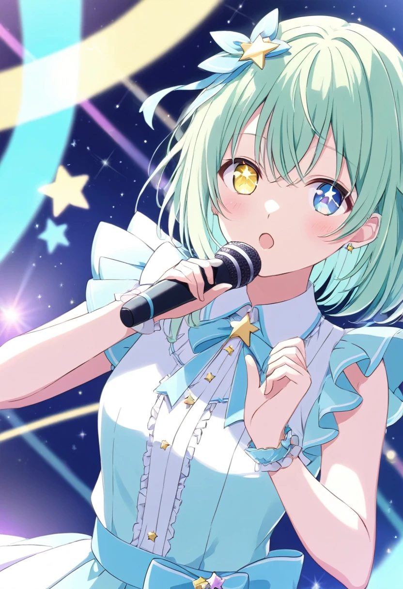 ((star-shaped_pupils symbol-shaped_pupils ai hoshino))、One Idol,Hold the microphone, idol doing the concert,  pastel color ,Green Hair,Heterochromia iridis, yellow eyes( blue eyes), cute pose,Shine瞳.Shineアイハイライト,that&#39;Shine,headphones light background, Geometric patterns , Official illustration style,A masterpiece seen from the front,Best Quality,Exquisite,8k, absurd, super detailed illustrations on white paper ,( Viewers )