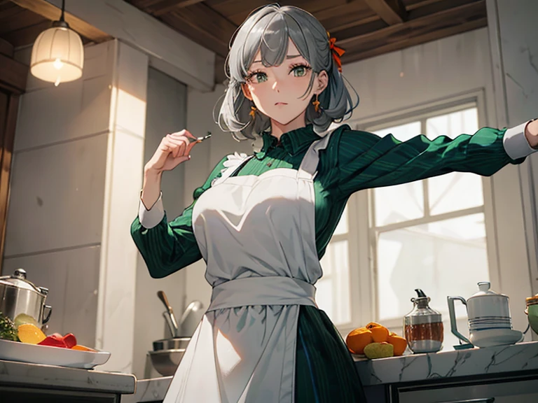 (best quality, masterpiece, 16k, ultra detailed, beautiful skin, professional lighting, shiny skin) , dynamic pose, huge breasts, pout,SyrFlover, maido, gray hair, green long sleeve dress, white apron, orange neck ribbon, ,glowify