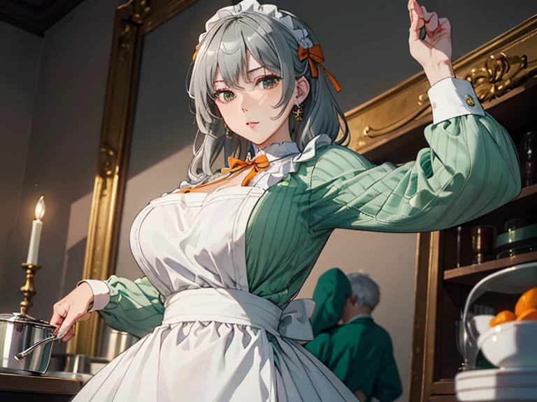 (best quality, masterpiece, 16k, ultra detailed, beautiful skin, professional lighting, shiny skin) , dynamic pose, huge breasts, pout,SyrFlover, maido, gray hair, green long sleeve dress, white apron, orange neck ribbon, ,glowify