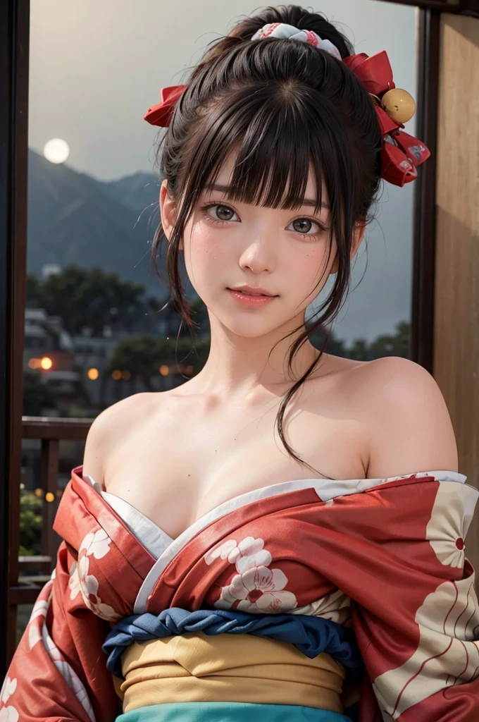 (Realistic:1.4), (super Realistic:1.4), (Realistic:1.3), (Sleek lighting:1.1), (Cinema Lighting Improvements:0.9), 32K, 1 cute Japanese girl, 20 year old girl, Realistic Lighting, Backlight, Face Light, Ray Tracing, (Whitening Light:1.2), (Image Enhancement:1.4), (Top quality real skin:1.4), Beautiful Eyes, Beautiful Face, Beautiful detailed Eyes, (Improve the look of your body line:1.1), (Improves the beauty of skin texture:1.1), ((Japanese kimono:1.3)), ((off shoulder kimono)), smile, ((whole body shot:1.3)), ((old Japanese hotel)), old Japanese room, (((night:1.5))),