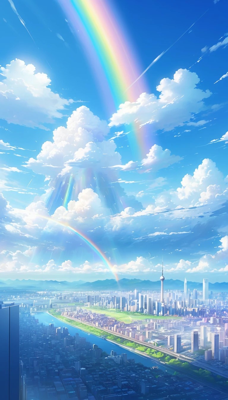  Scenery looking down at the city on a clear day 。Blue sky and white clouds spread out 、 the cityscape can be seen below 。 sunlight shines at an angle 、 A rainbow beam of light floats in the air 。 A fantastic and mysterious atmosphere drifts through the air 、 Composition drawn from a viewpoint as if it were floating in the air。
