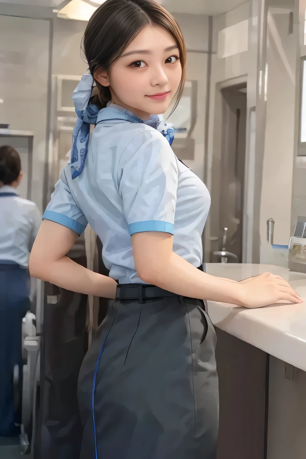 (masterpiece:1.2, Best Quality:1.2), 32kHDR,  high definition, (Alone、 1 girl)、（Rooftop of a building during the day、 professional lighting to highlight small bust）、With the roof of the building in the background 、（ANA flight attendant uniform blueを着たリアルスタイル）、（（ANA flight attendant uniform blue blue short sleeve blouse  、 ANA FLIGHT ATTACENT UNIFORM BLUE SKIRT WITH A BLUE LINE IN THE BACK、 scarf around the neck ））、 Dark brown hair 、（Long Hair、Hair tied up、Hair tied up）、 Dark brown hair 、Long Hit、Big Breasts、Thin legs、（（Great hands：2.0）），（（ Harmonious Body Proportions ：1.5）），（（Normal limbs：2.0）），（（Usually refers to：2.0）），（（ Delicate Eyes：2.0）），（（Normal eyes：2.0））)、smile、（ANA flight attendant uniform blueを見せた美しい後ろ姿）、Hands clasped underneath