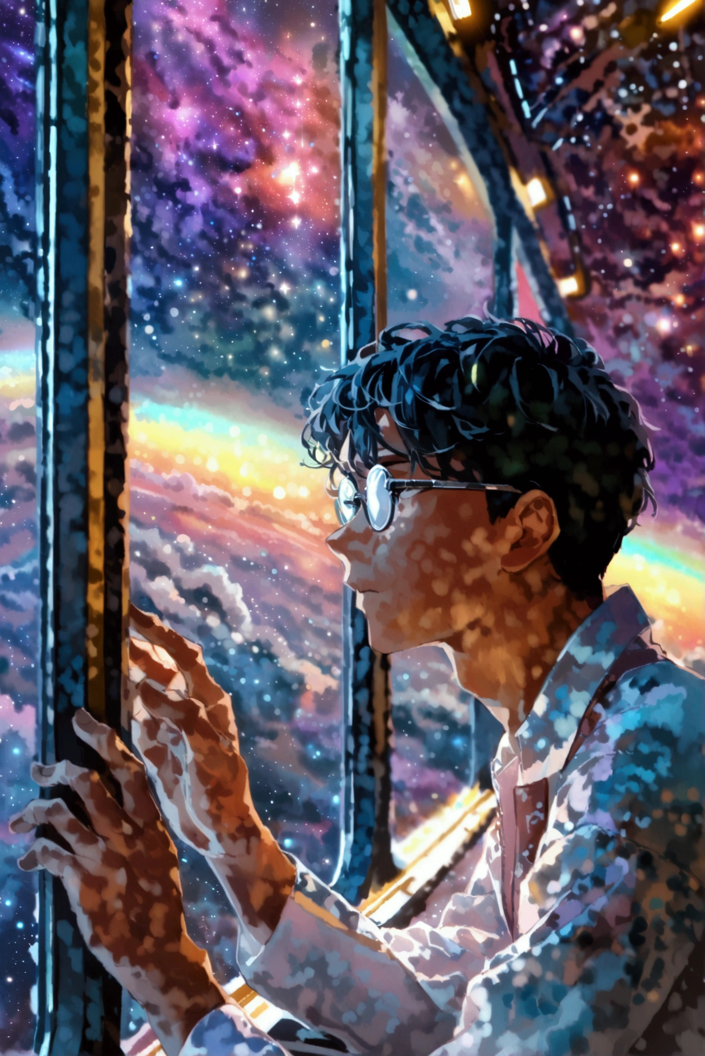 Create an anime-style scene featuring a handsome male scientist with short, neatly styled hair and wearing stylish, thin-rimmed eyeglasses. He has a thoughtful, intelligent expression, and a calm, focused gaze as he looks out of a large spaceship window, mesmerized by the vast view of galaxies and star clusters outside. He’s dressed in a sleek, futuristic lab coat with subtle high-tech details, such as metallic accents or glowing lines, giving him a modern scientist look. His hands are gently resting on the window frame as he leans forward slightly, captivated by the breathtaking cosmic view. The scene outside the window reveals vibrant galaxies in hues of purple, blue, and pink, with stars and nebulae scattered across the dark expanse. Inside the spaceship, soft ambient lighting highlights his face and adds a serene, almost ethereal atmosphere to the scene. The style should reflect a blend of sci-fi and elegance, capturing the wonder and beauty of space exploration. 