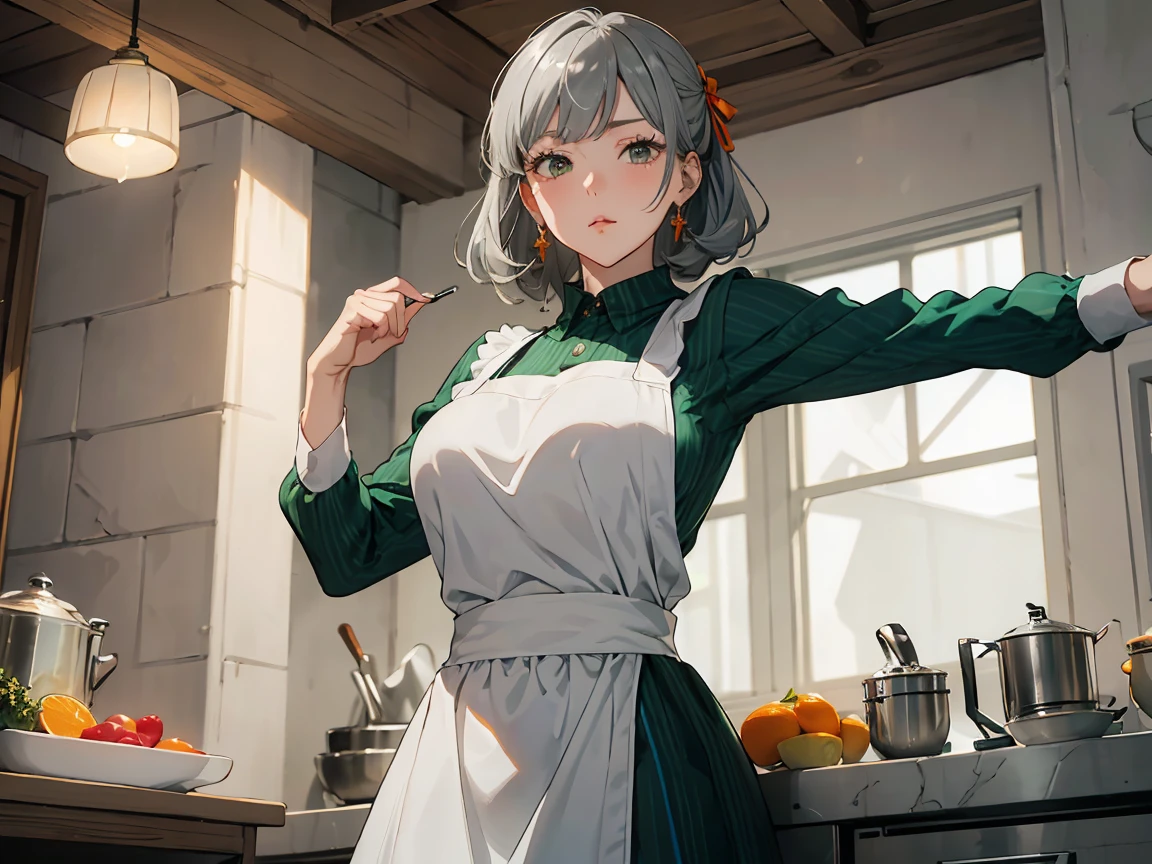 (best quality, masterpiece, 16k, ultra detailed, beautiful skin, professional lighting, shiny skin) , dynamic pose, huge breasts, pout,SyrFlover, maido, gray hair, green long sleeve dress, white apron, orange neck ribbon, ,glowify