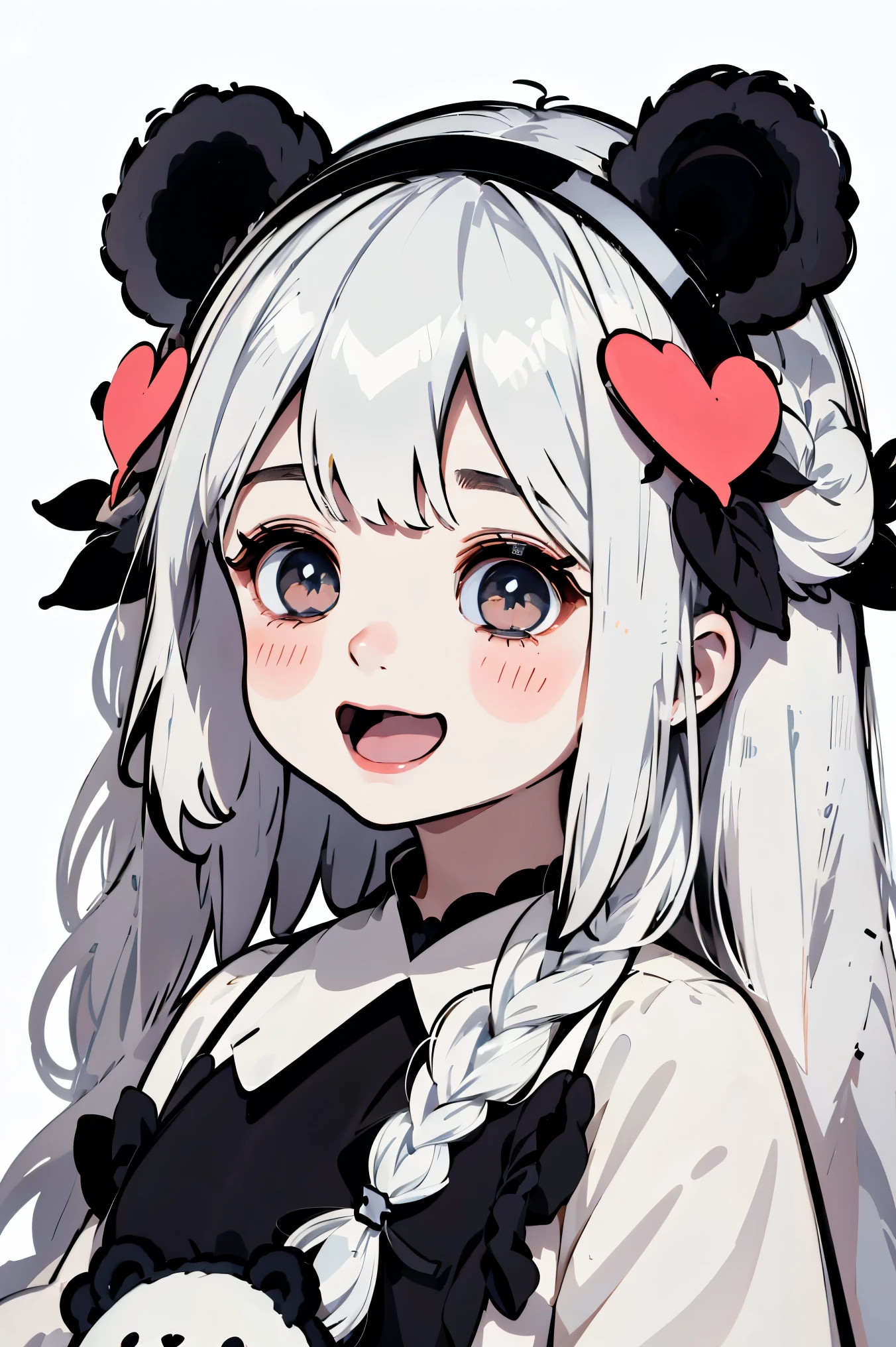  , 1girl, animal ears, hair ornament, smile, white hair, simple background, long hair, solo, open mouth, white background, bear ears, heart, bangs, :d, fang, braid, fake animal ears, black eyes, stuffed toy, blush stickers, hairband, upper body, long sleeves, black hairband, stuffed animal, holding, blush, :3, hairclip, symbol-shaped pupils, bear hair ornament