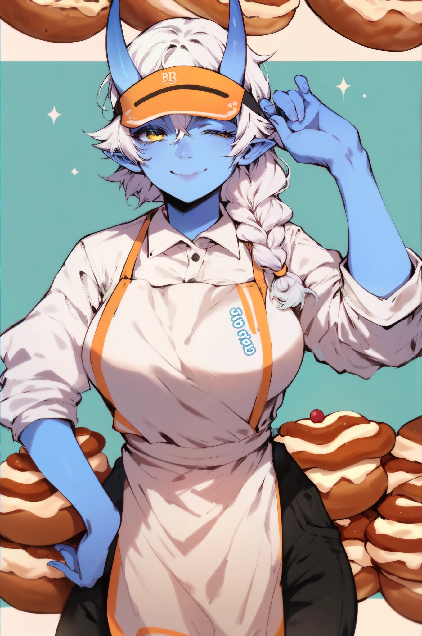 score_9, score_8_up. score_7_up, 
1girl, oni, blue skin, horns, large breasts, white shirt, apron, bakery background, tired eyes, gentle smile, white hair in braid, yellow eyes, one hand on hip, sports visor hat, black pants, wink