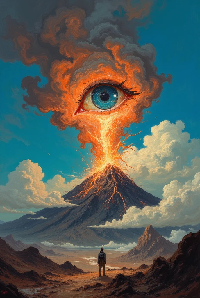 DB4RZ style painting, Volcano erupting with eye on top, tons de azul, arte digital inspirada em Cyril Rolando, surrealismo, Portrait of a giant eye in the smoke of a volcano, mystic eye, nuvem de fumo com um olho, surrealismo,(best quality,4k,8k,highres,masterpiece:1.2),ultra-detailed,(realistic,photorealistic,photo-realistic:1.37),HDR,UHD,studio lighting,ultra-fine painting,