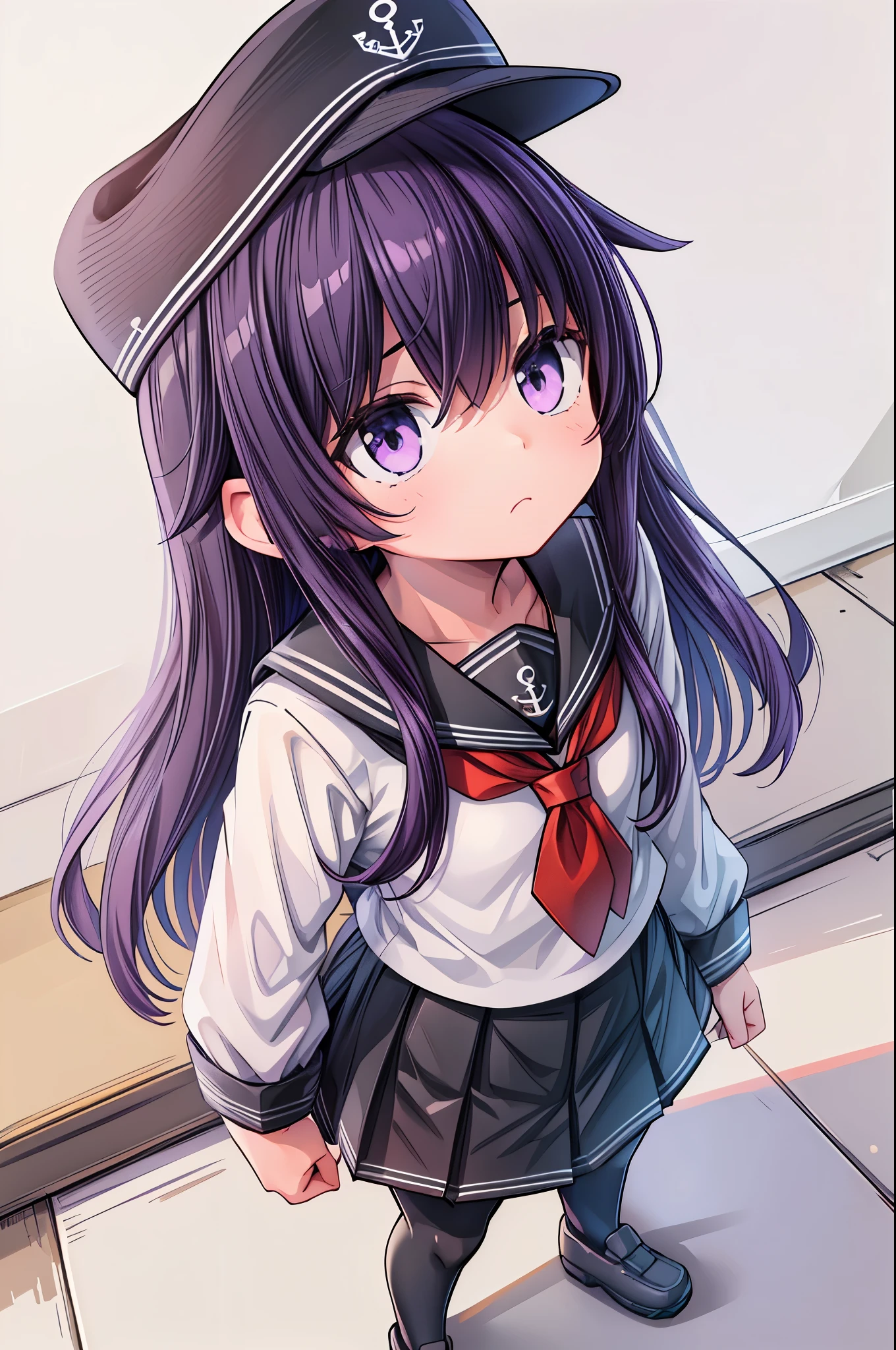 (masterpiece, best quality:1.2),illustration,8k,hd,1girl,solo,upperbody,long_hair,white serafuku,purple_eyes,anchor_symbol,flat_cap,purple_hair,black_hair,hair_between_eyes,black_headwear,black_skirt,long_sleeves,pleated_skirt,red_neckerchief,white school_uniform,skirt,black_pantyhose,black_sailor_collar,(flat chest),akatsuki,(looking at viewer,looking up:1.5),(standing,standing,hands on own hips:1.2),(shoot from front:1.5),indoor