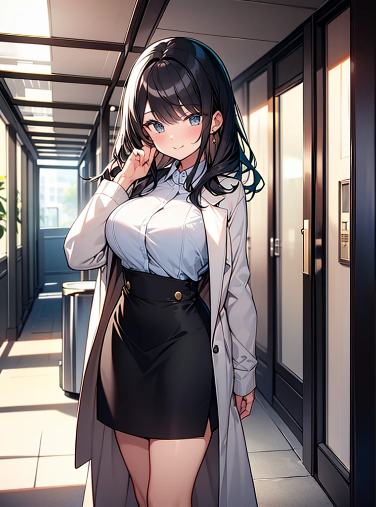 1lady solo doctor, /(labcoat sweater/), mature female, /(black hair/), blush kind smile, (masterpiece best quality:1.3) delicate illustration ultra-detailed , large breasts BREAK /(hospital hallway/)