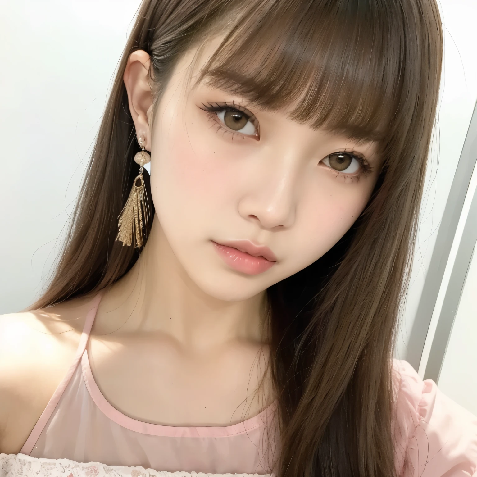 a close up of a woman with long hair wearing a pink top, Lalisa Manobal, Lalisa Manoban do Blackpink, Hime's court, Chiho, Yoshitomo Nara, Shikami, linda Delphine, with bangs, shiori teshirogi, jossi do blackpink, cabelo arrumado with bangs