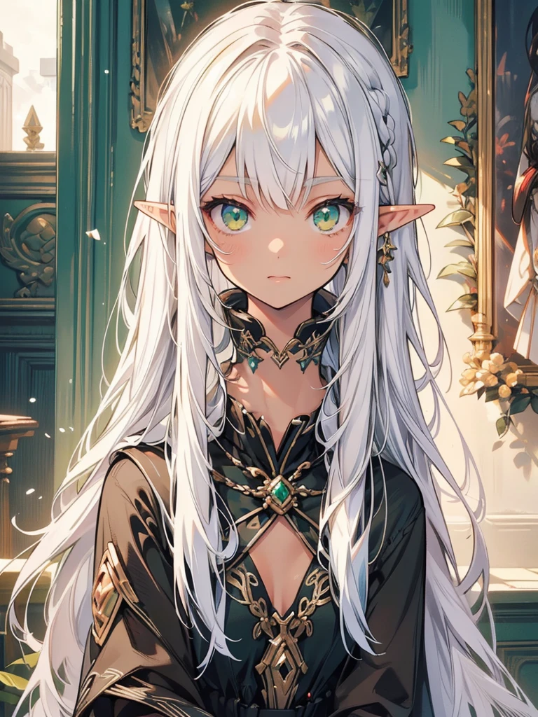 masterpiece, best quality, 1girl, ultra detailed, ultra highres, well-definded facial features, anatomically correct, cute girl, (dark tan skin), long pointy ears, elf, nice face, white hair, green eyes, monster hunter, thumb up,