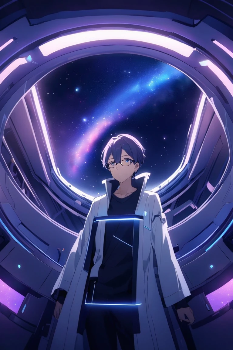 Create an anime-style scene featuring a handsome male scientist with short, neatly styled hair and wearing stylish, thin-rimmed eyeglasses. He has a thoughtful, intelligent expression, and a calm, focused gaze as he looks out of a large spaceship window, mesmerized by the vast view of galaxies and star clusters outside. He’s dressed in a sleek, futuristic lab coat with subtle high-tech details, such as metallic accents or glowing lines, giving him a modern scientist look. His hands are gently resting on the window frame as he leans forward slightly, captivated by the breathtaking cosmic view. The scene outside the window reveals vibrant galaxies in hues of purple, blue, and pink, with stars and nebulae scattered across the dark expanse. Inside the spaceship, soft ambient lighting highlights his face and adds a serene, almost ethereal atmosphere to the scene. The style should reflect a blend of sci-fi and elegance, capturing the wonder and beauty of space exploration. 