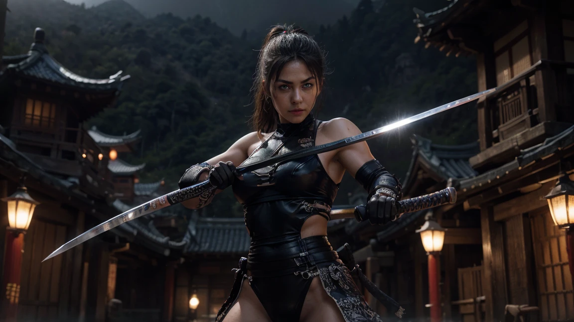 a highly muscular female Samurai with 1 katana, the upper coltes are made of net. transparent thorso, detailed abs and muscles, dark outfit, serious expression, glowing katana blade, dynamic action pose, on a chinese ancient roof, in a misty olde chines village at night dark moody lighting, cinematic angle, hyperrealistic, digital art, illustration, UHD, masterpiece, accurate, anatomically correct, textured skin, super detail, award winning, high quality, high details, best quality, highres, 16k