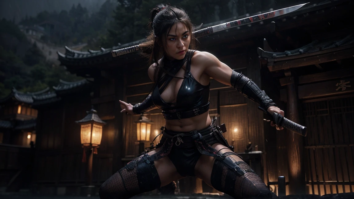 a highly muscular female Samurai with 1 katana, the upper coltes are made of net. transparent thorso, detailed abs and muscles, dark outfit, serious expression, glowing katana blade, dynamic action pose, on a chinese ancient roof, in a misty olde chines village at night dark moody lighting, cinematic angle, hyperrealistic, digital art, illustration