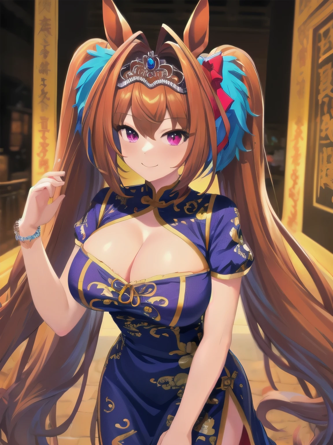 ((Best Quality, masterpiece,  high definition)), One person,  Daiwa Scarlet \(Uma Musume\), smile,  standing ,  cleavage,  Ano Jirio, Perfect hands,  big breasts at the temple, scarlet china dress,  Chinatown, Short sleeve,  open chest, Open-chested clothing, The hem is long, One side slit,  twin tails,  tiara 